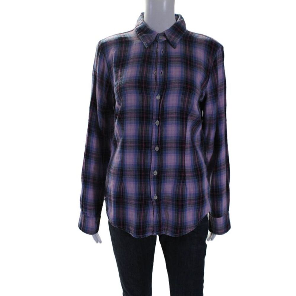 Shirt Womens Cotton Collar Long Sleeve Button Up Plaid Shirt Pink Size S